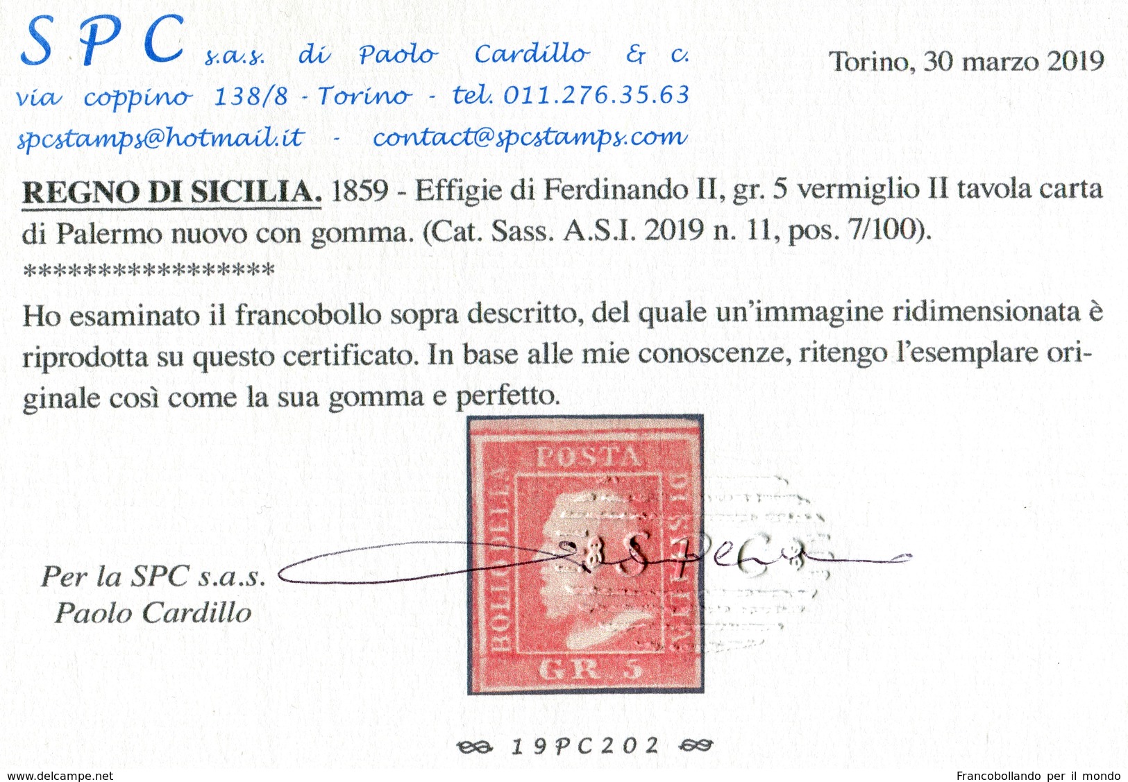 1859 OLD STATE ITALY SICILY 5 GRANA NEW CERTIFIED CARDILLO  SASSONE 11 € 1.500,00 PERFECT STAMPS BORDO FOGLIO - Sicilia