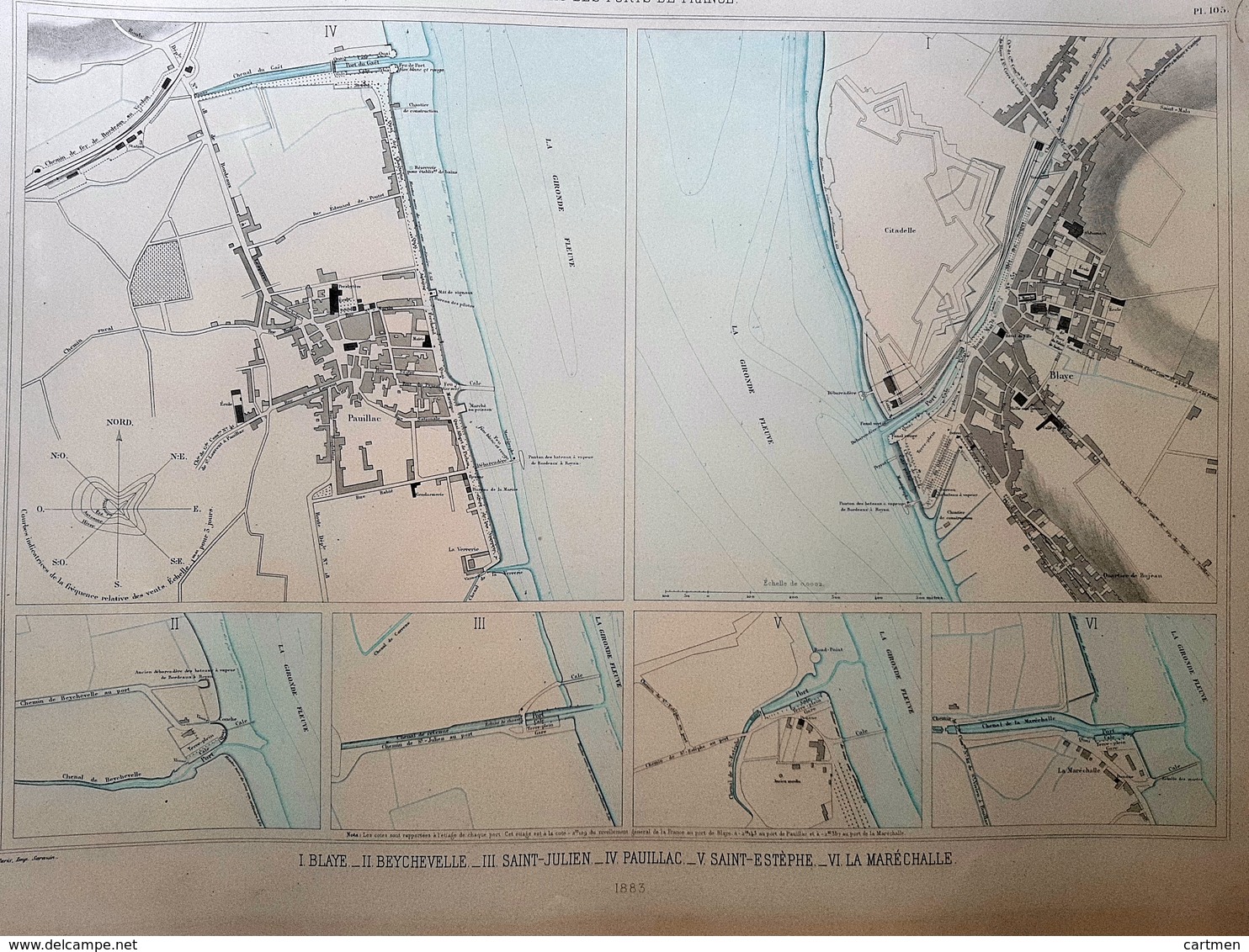 33 BLAYE PAUILLAC  SAINT ESTEPHE   PLAN DU PORT ET DE LA VILLE  EN 1883 DE L'ATLAS DES PORTS DE FRANCE 49 X 67 Cm - Cartas Náuticas