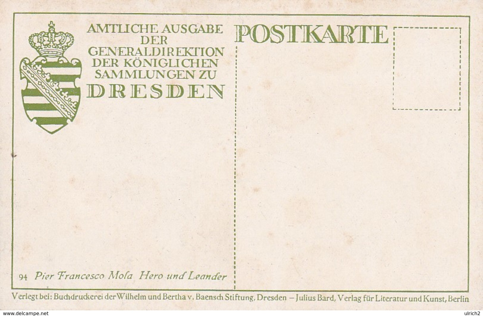 AK Pier Francesco Mola - Hero Und Leander - Amtliche Ausgabe Generaldirektion Königl. Sammlungen Dresden (40508) - Malerei & Gemälde