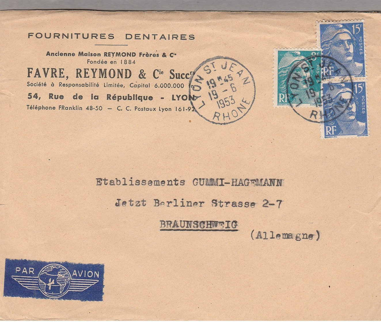 LSC 1953 - Enveloppe Illustrée Au Dos (outils De Dentistes) & Entête Fournitures Dentaires à LYON - 1921-1960: Période Moderne