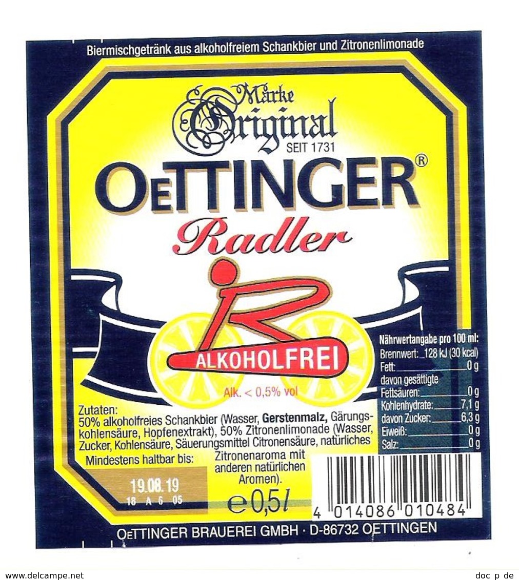 Germany - Etiquette - Oettinger Radler Alcohol Free Beer - Cyclisme - Cycle - Cycling - Fahrrad - Bier