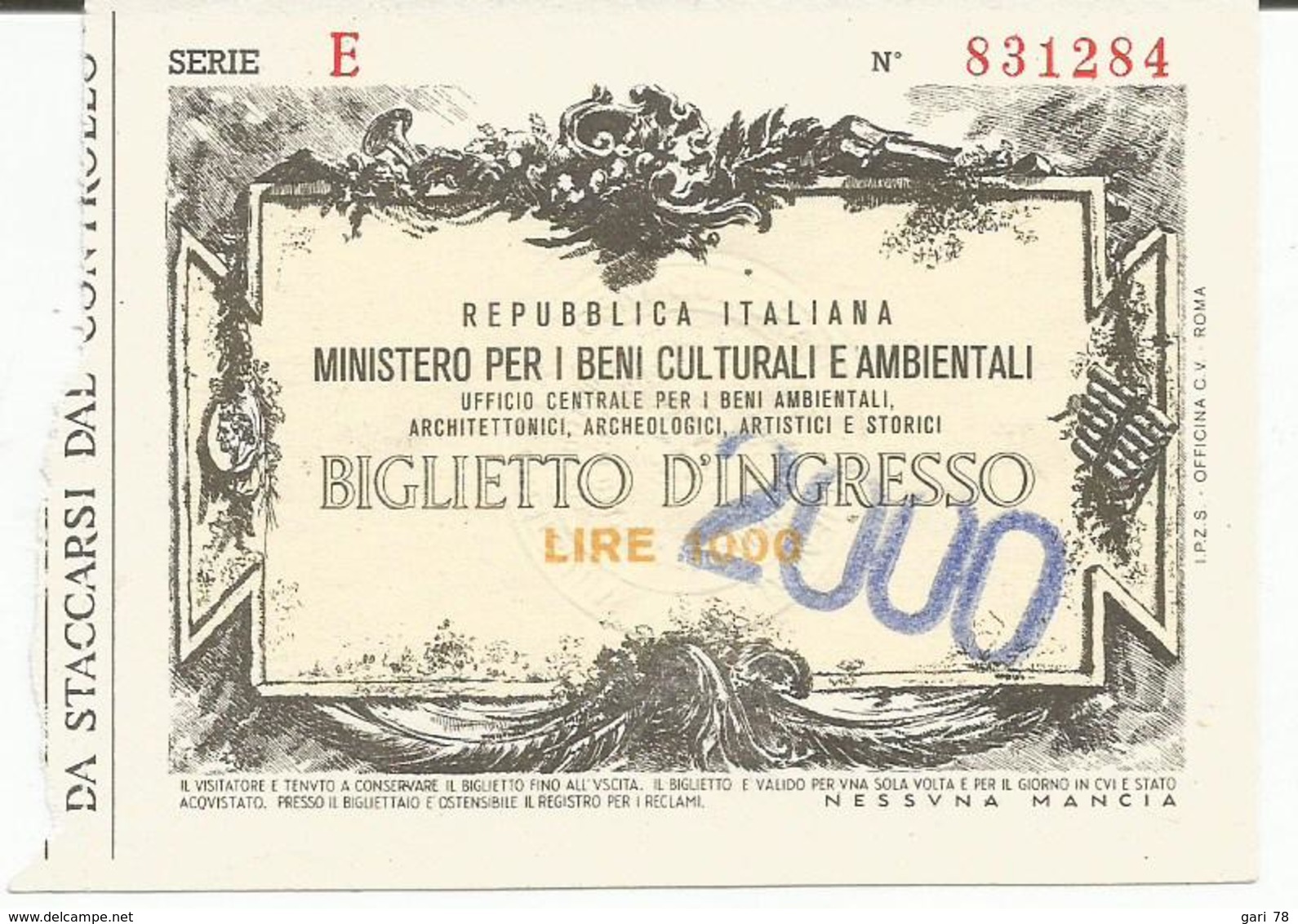 Ticket D'entrée Ministero Per I Beni Culturali E Ambientali - Roma - Italie - Biglietti D'ingresso