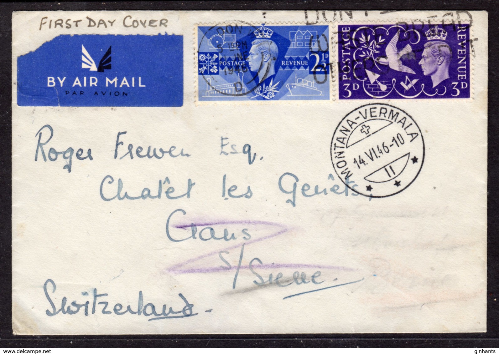 GB GREAT BRITAIN - 1946 VICTORY FDC TO SWITZERLAND SG 491-492 - ....-1951 Pre Elizabeth II