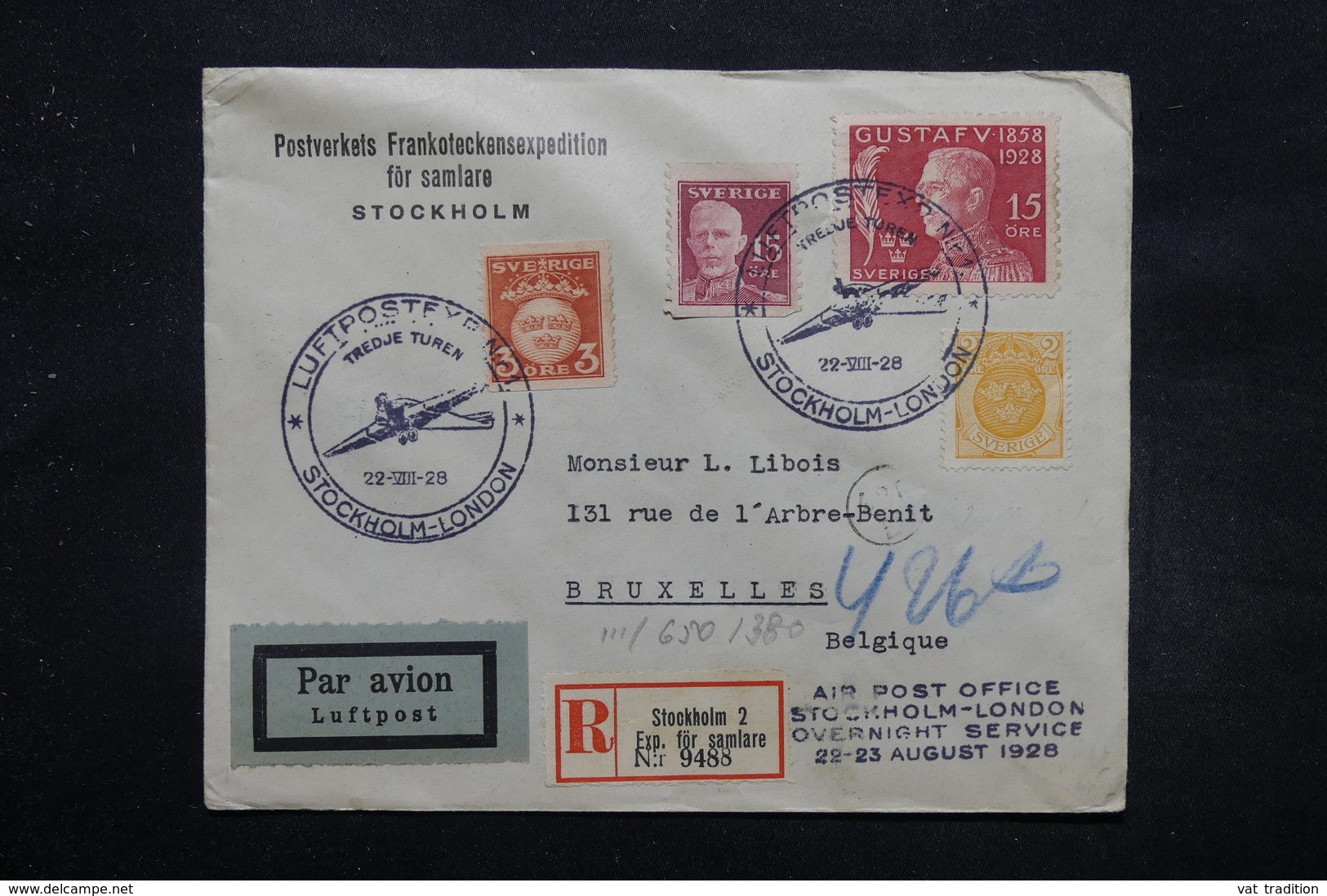 SUÈDE - Enveloppe De Stockholm Pour Bruxelles En 1928 Par Avion , Cachets Et Affranchissement Plaisants - L 27594 - Lettres & Documents