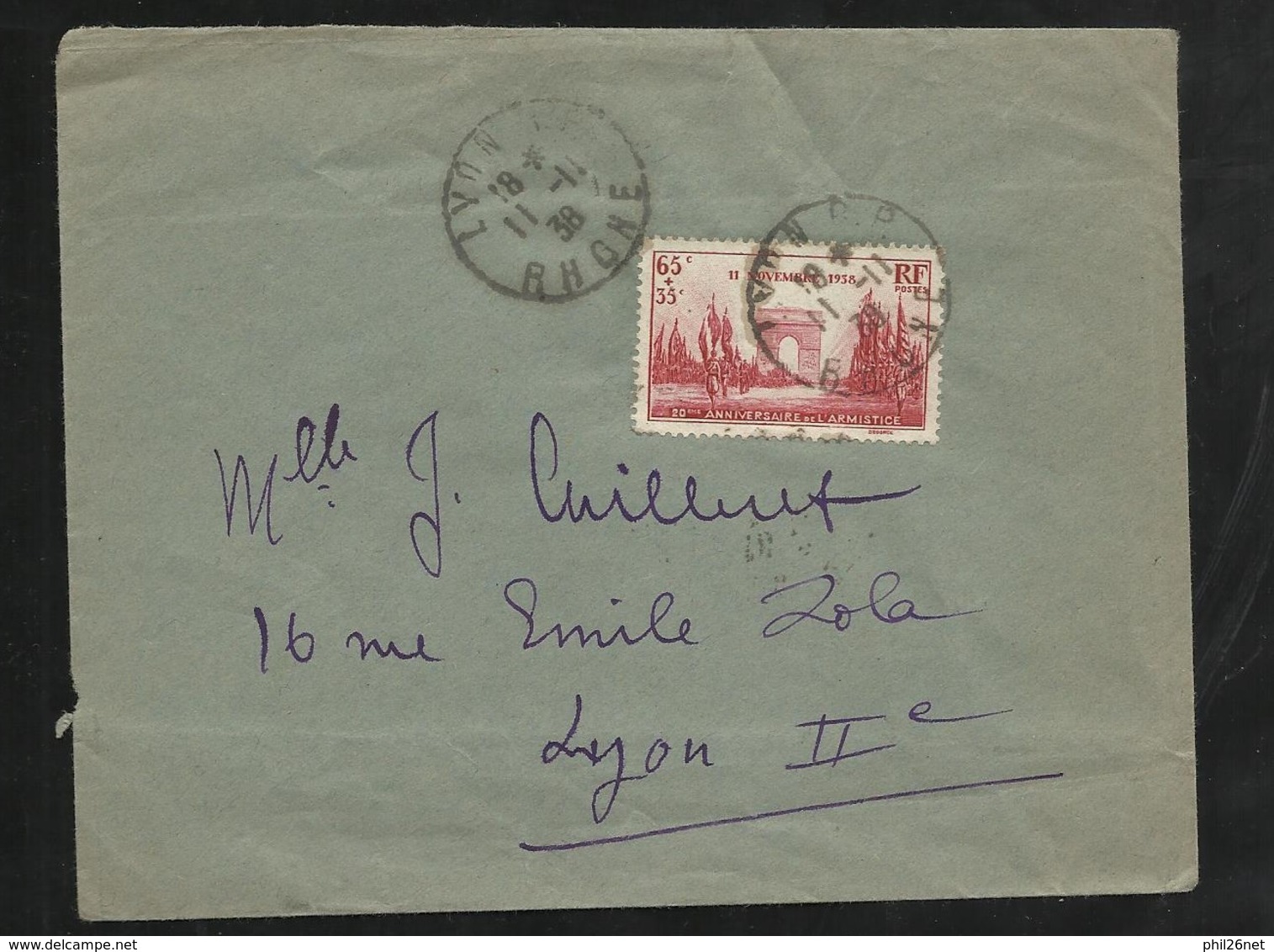 Lettre  Circulée Le Jour Du 20 ème Aniversaire De L'Armistice Le N° 401 à  Lyon Le 11 Novembre 1938 B/TB - ....-1949