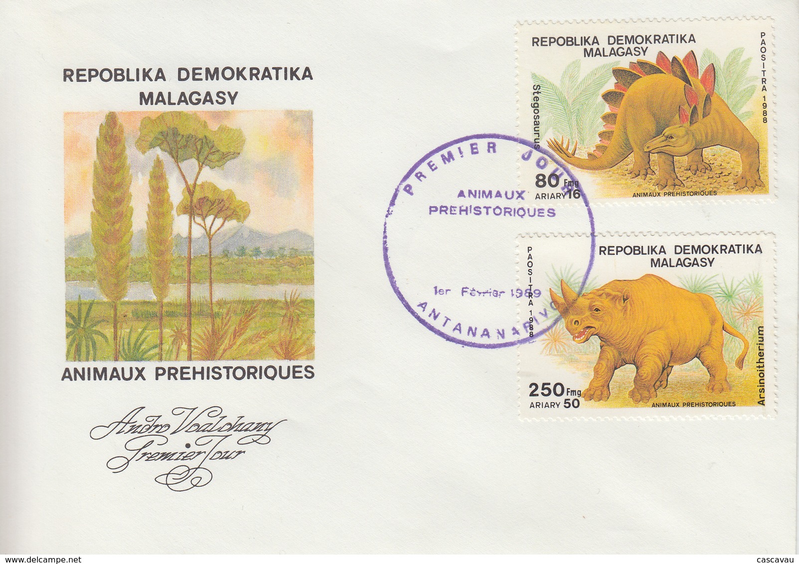 Enveloppe  FDC  1er  Jour    MADAGASCAR     ANIMAUX  PREHISTORIQUES   1989 - Preistorici