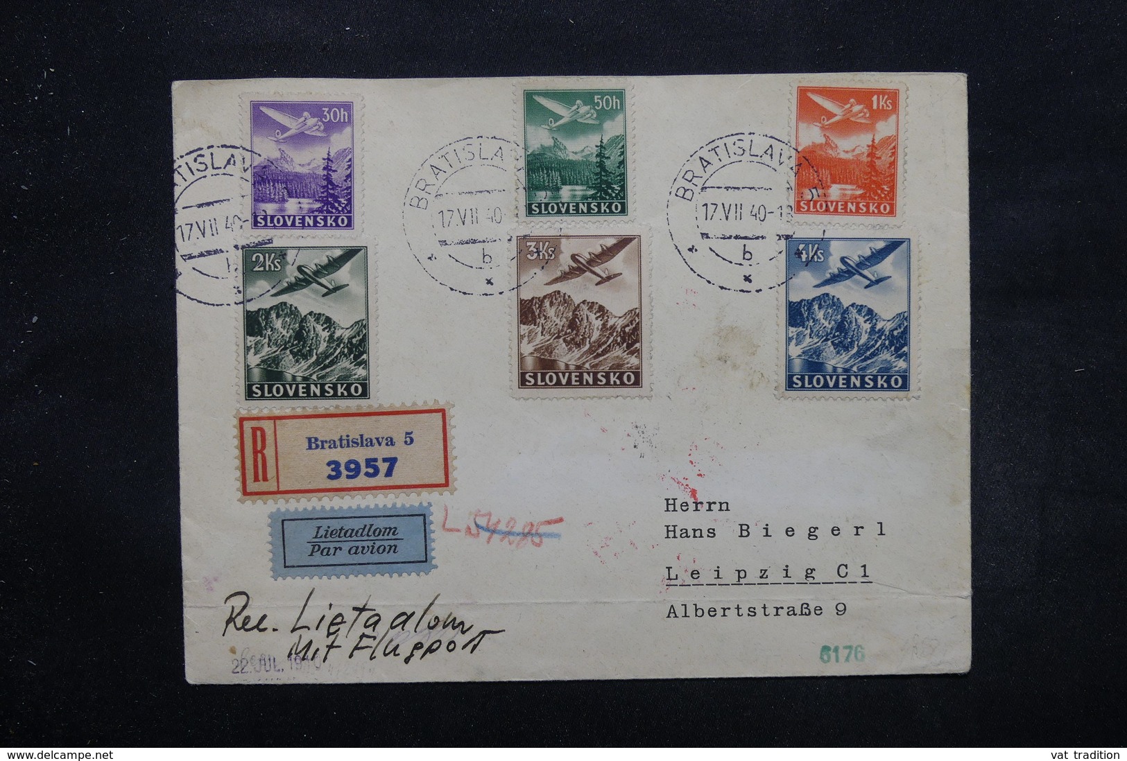 SLOVAQUIE - Enveloppe De Bratislava Pour Liepzig Par Avion En 1940 Avec Contrôle , Affranchissement Plaisant - L 27604 - Lettres & Documents