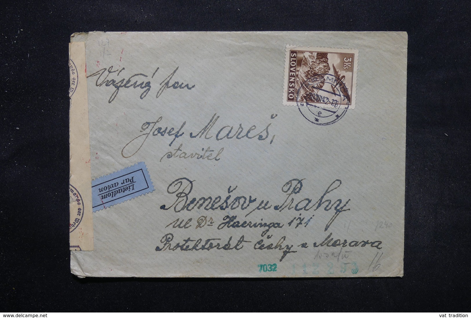 SLOVAQUIE - Enveloppe De Kremnica Par Avion En 1942 Avec Contrôle Postal, Affranchissement Plaisant - L 27609 - Lettres & Documents