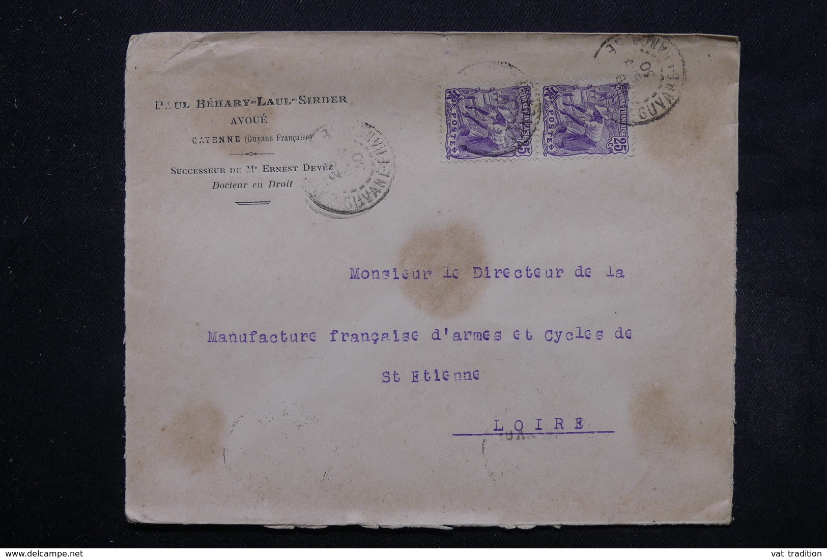 GUYANE - Enveloppe D'Avoué De Cayenne Pour St Etienne En 1930, Affranchissement Plaisant - L 27641 - Brieven En Documenten