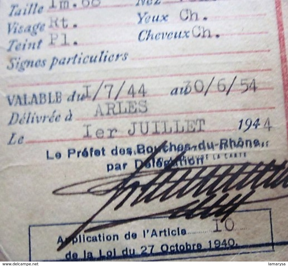 1944 WW2- CARTE IDENTITÉ DE FRANÇAIS SOUS RÉGIME De VICHY PÉTAIN ÉTAT FRANÇAIS Délivrée Arles(rayé Barre Noire)☛(Périmé) - Historische Documenten