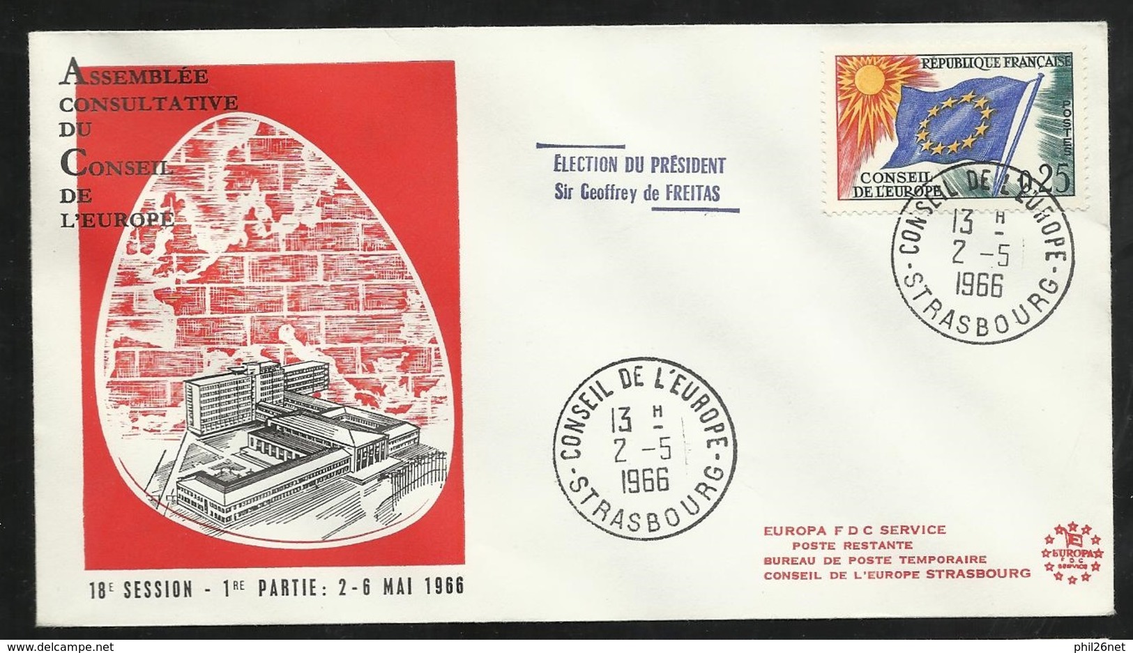 Lettre Illustrée Strasbourg Conseil De L'Europe 2/5/1966 Service N°29  Election Du Président Sir Geoffrey De Freitas  TB - Storia Postale