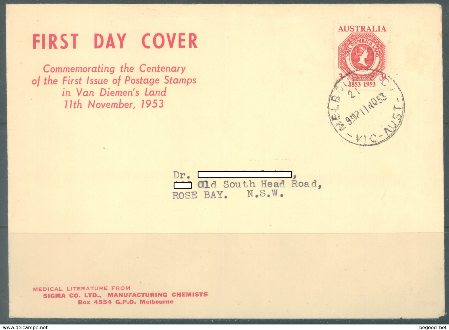 AUSTRALIA -  FDC  - 11.11.1953 - COMMEMORATING 100ary FIRST ISSUE IN VAN DIEMEN'S LAND - Yv 206  - Lot 19365 - Premiers Jours (FDC)