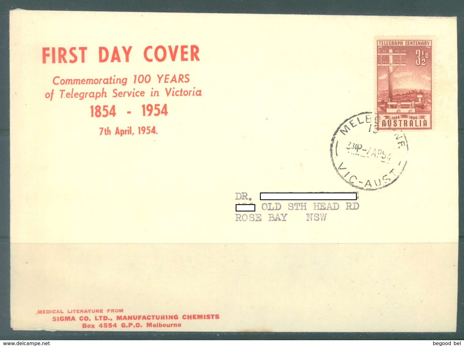 AUSTRALIA -  FDC  - 7.4.1954 - TELEGRAPH CENTENARY - Yv 210  - Lot 19366 - Premiers Jours (FDC)