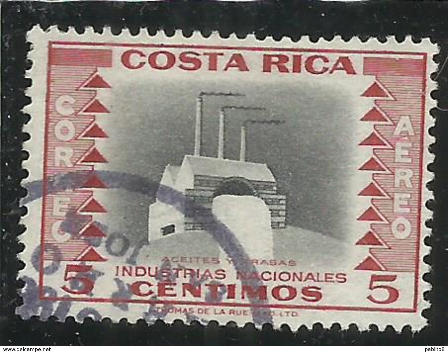COSTA RICA 1954 AIR MAIL POSTA AEREA AEREO INDUSTRIES INDUSTRIAS NACIONALES REFINERY CENT 5c USATO USED OBLITERE' - Costa Rica