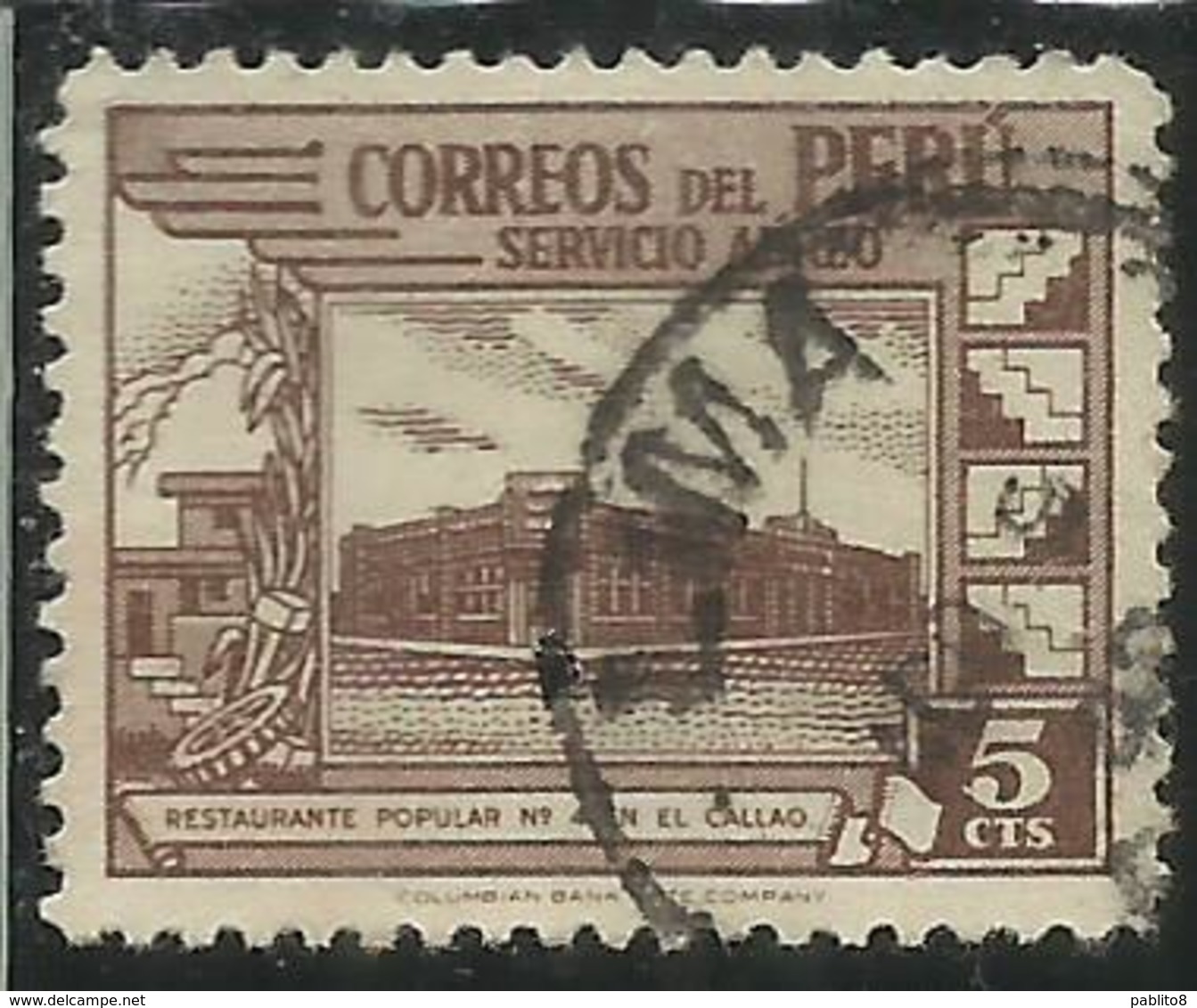 PERU' 1938 AIR MAIL POSTA AEREA GOVERNMENT RESTAURANT AT CALLAO RISTORANTE GOVERNATIVO CENT. 5 USATO USED OBLITERE' - Perù