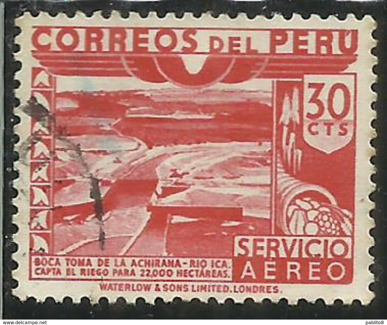 PERU' 1945 1946 AIR MAIL POSTA AEREA DAM ICA RIVER DIGA FIUME CENT. 30 USATO USED OBLITERE' - Perù