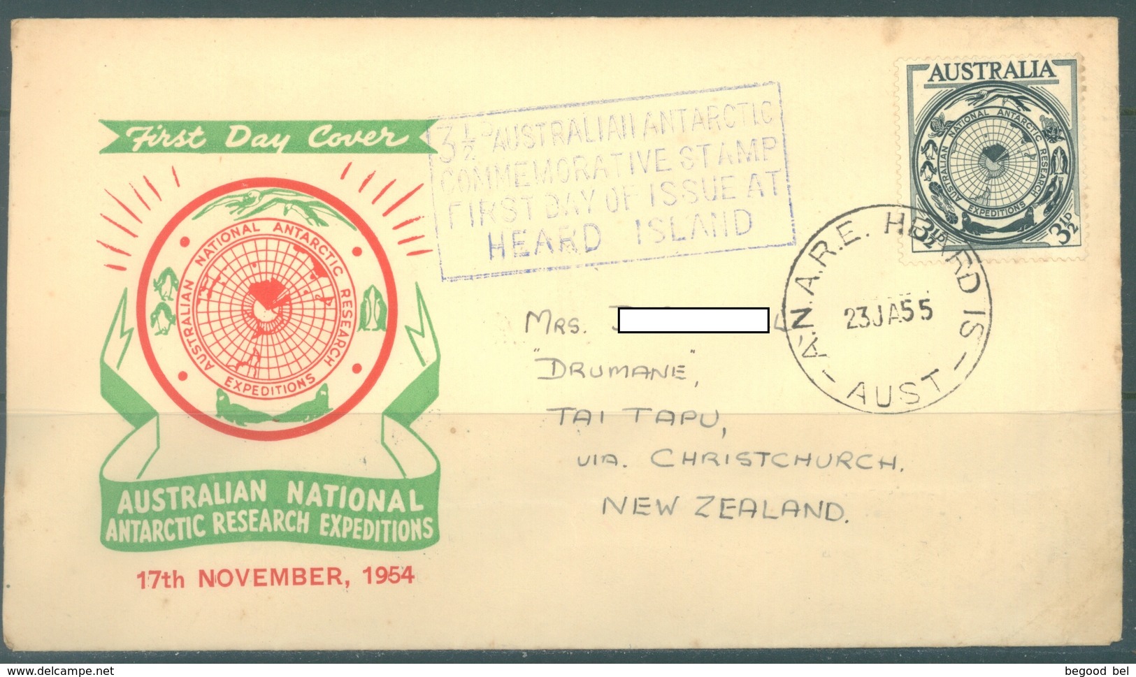 AUSTRALIA -  FDC  - 1954 COMMEMORATIVE - A.N.A.R.E. - CANCEL HEARD ISLANDS TO TAI TAPU NZ - Yv 214  - Lot 19370 - FDC