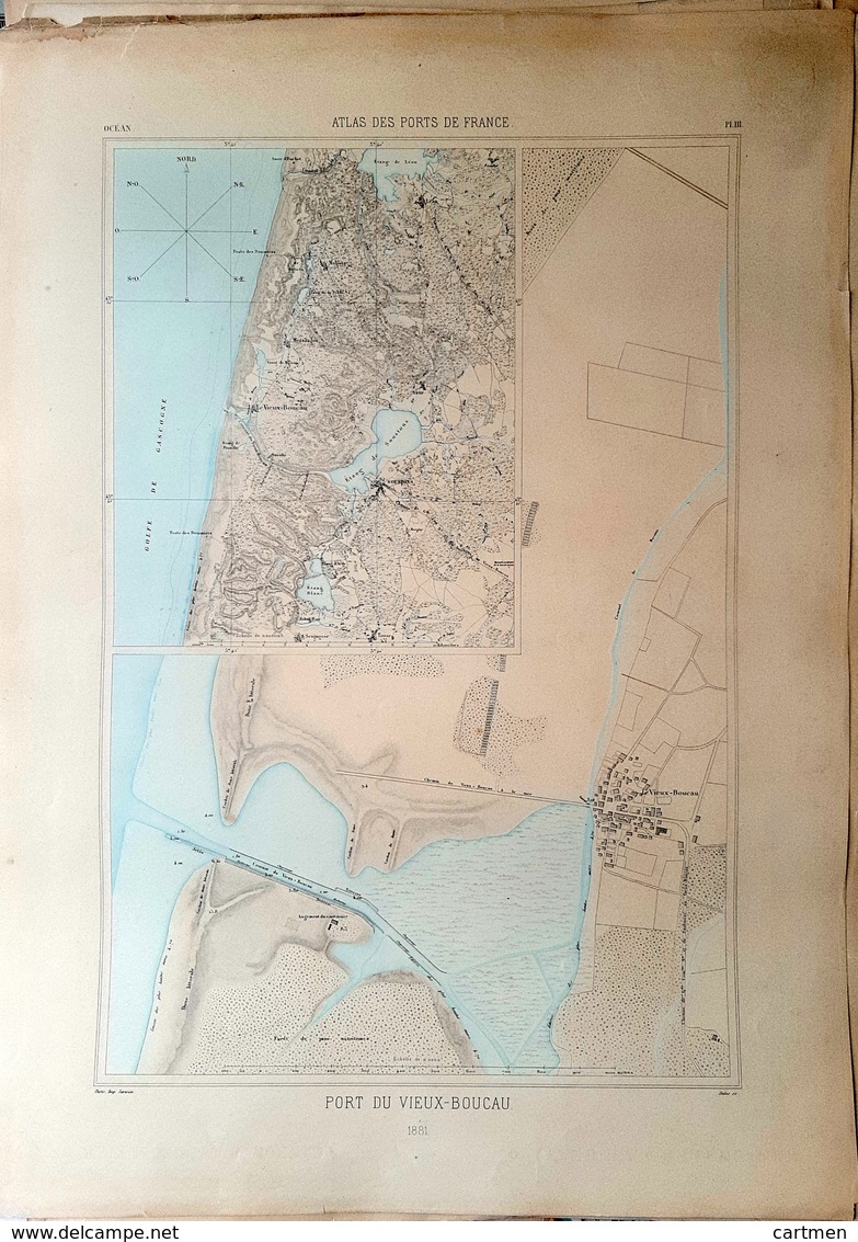 40 VIEUX BOUCAU  PLAN DU PORT ET DE LA VILLE  EN 1881 DE L'ATLAS DES PORTS DE FRANCE 49 X 67 Cm - Nautical Charts