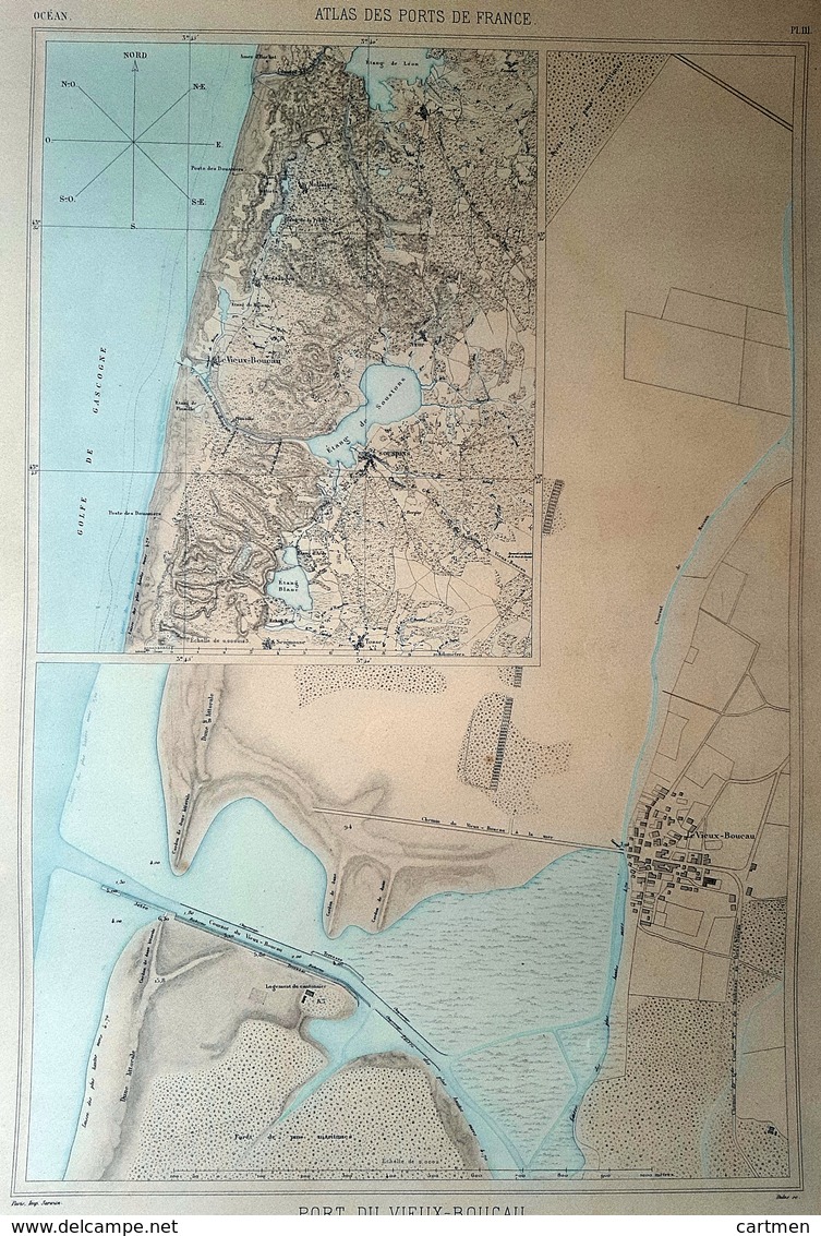 40 VIEUX BOUCAU  PLAN DU PORT ET DE LA VILLE  EN 1881 DE L'ATLAS DES PORTS DE FRANCE 49 X 67 Cm - Cartas Náuticas