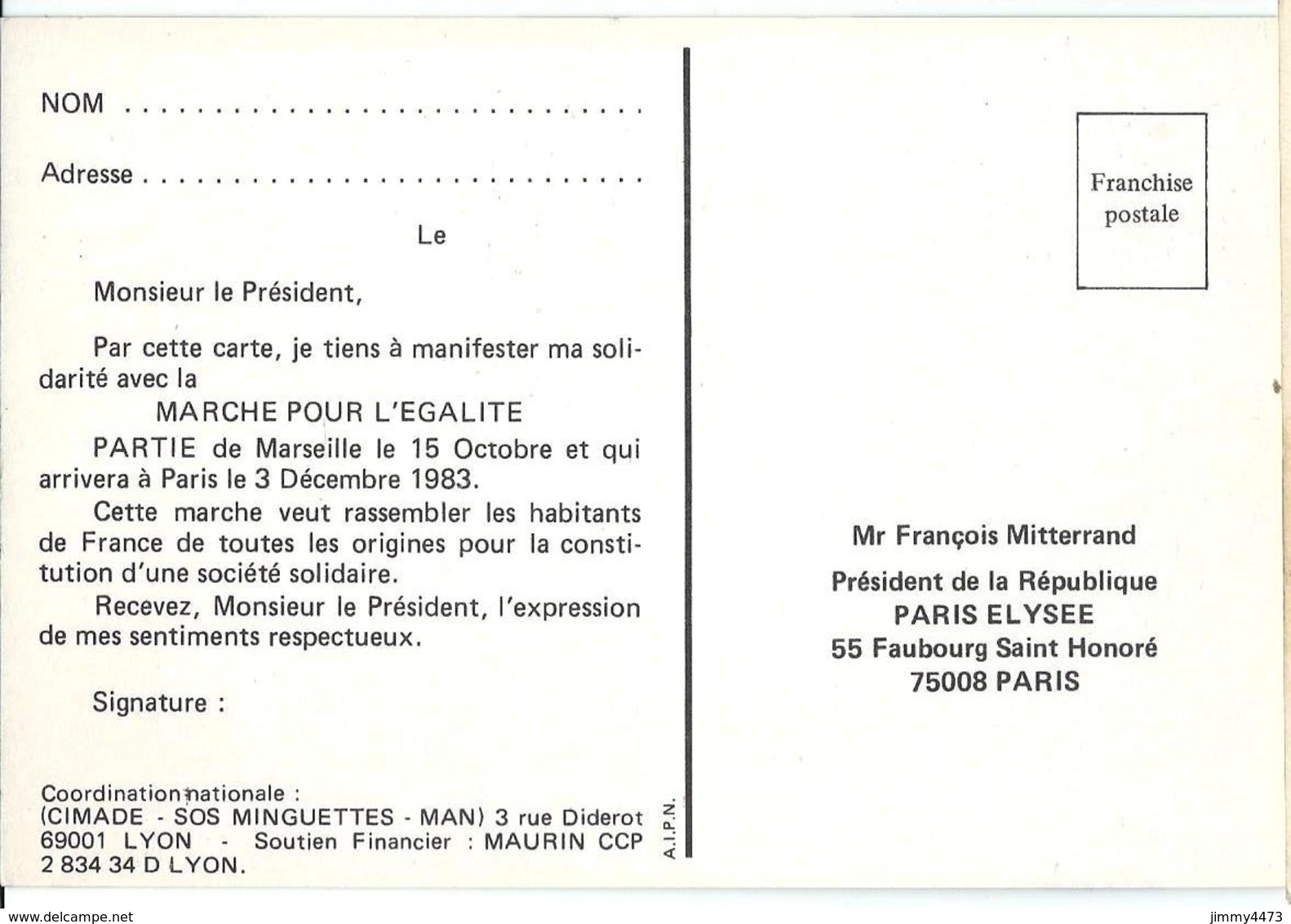 CPM - MARCHE POUR L'EGALITE  - PARTIE De Marseille Le 15 Oct. Et Qui Arrivera à Paris Le 3 Dec. 1983 - Scans Recto-Verso - Manifestations