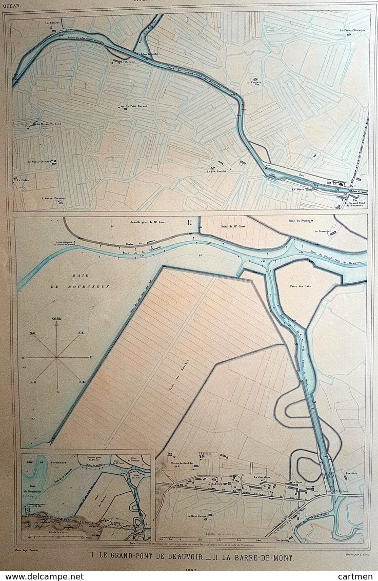 85 GRAND PONT BEAUVOIR BARRE DE MONT  PLAN DU PORT ET DE LA VILLE  EN 1882 DE L'ATLAS DES PORTS DE FRANCE 49 X 67 Cm - Zeekaarten