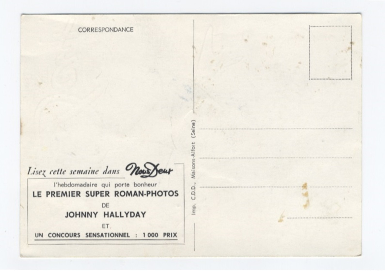 ARTISTES - JOHNNY HALLYDAY - PUBILICTE NOUS-DEUX -- RECTO / VERSO-- B53 - Artisti