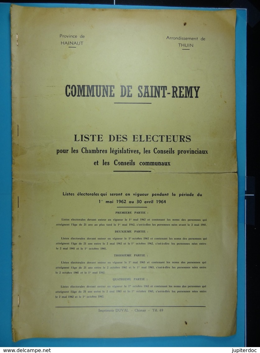 Liste Des électeurs De Saint-Remy (Chimay) De 1962 à 1964 - Documents Historiques