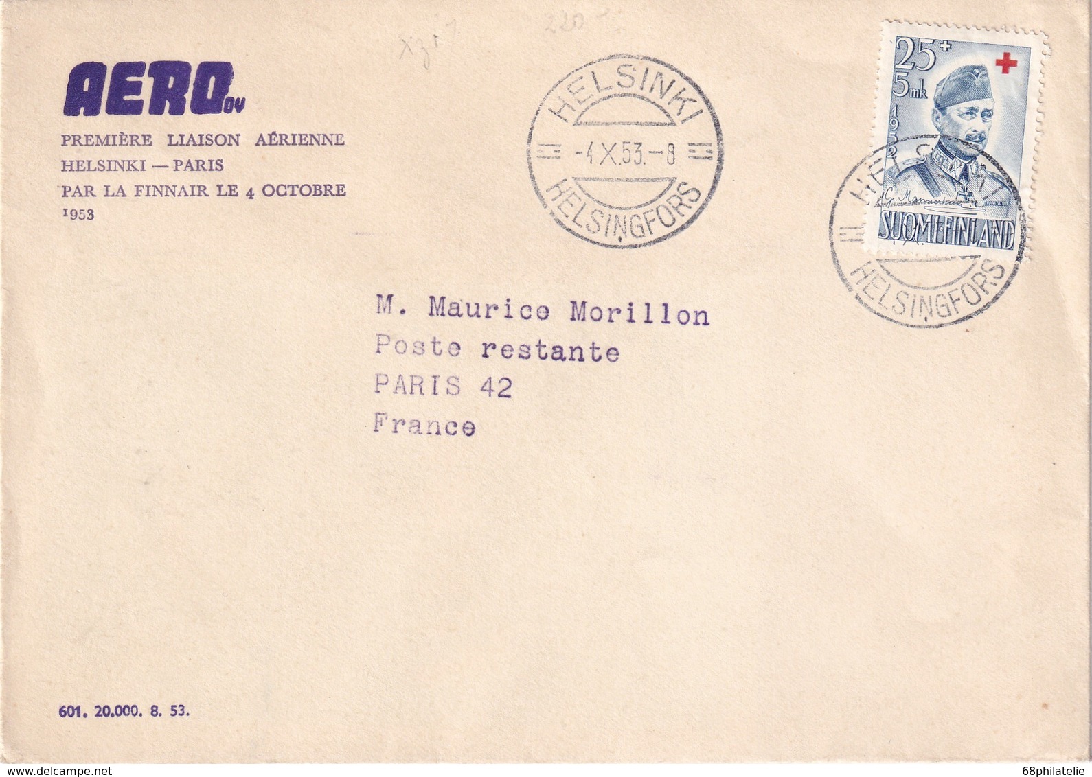 FINLANDE 1953 PLI AERIEN DE HELSINKI POUR PARIS  1ERE LIAISON AERIENNE - Cartas & Documentos