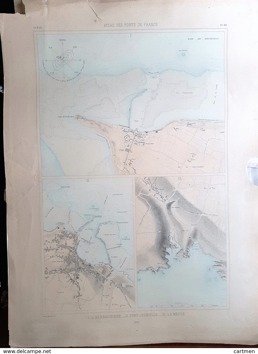 ILE D'YEU HERBAUDIERE   PORT JOINVILLE  PLAN DU PORT ET DE LA VILLE  EN 1882 DE L'ATLAS DES PORTS DE FRANCE 49 X 67 Cm - Cartes Marines