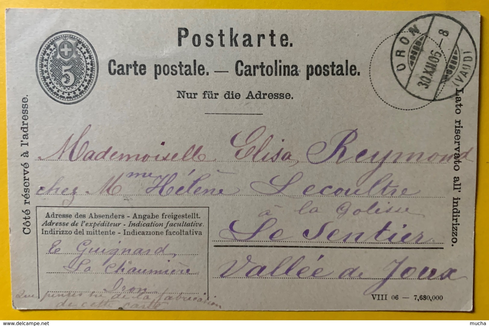 8231 -  Entier Postal Oron 30.12.1906 Pour Le Sentier  Dessiné à La Main Anémone, Fougère - Entiers Postaux