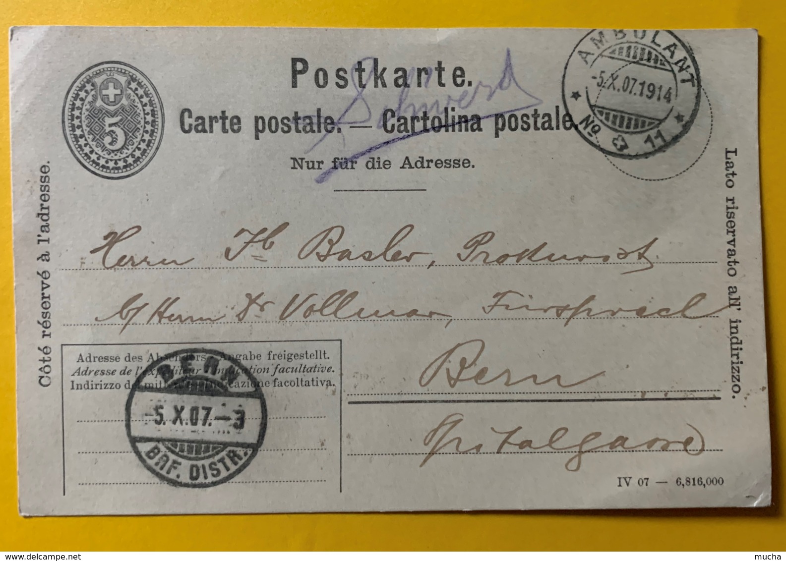 8232 -  Entier Postal Ambulant No 11 03.10.1907  Cachet Manuscrit Schönwerd Pour Bern - Entiers Postaux