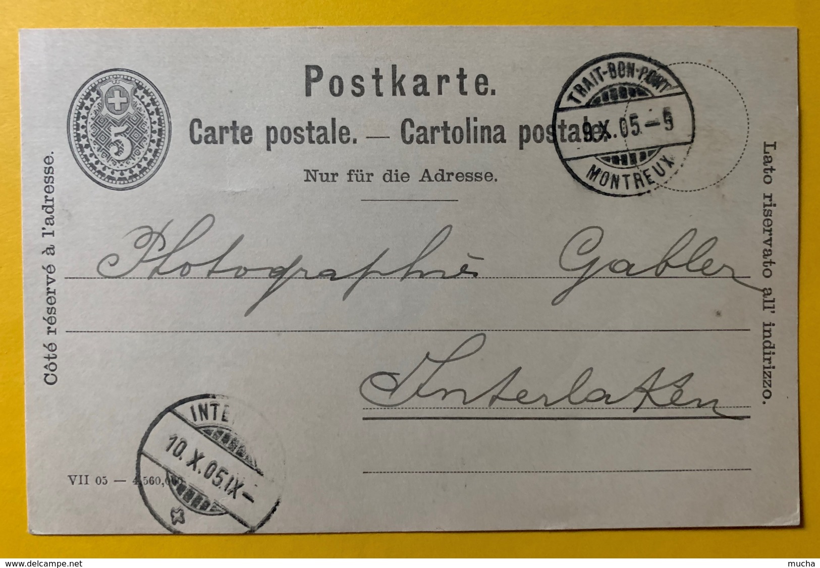 8233 -  Entier Postal Trait-Bon-Port Montreux 09.10.1905  Pour Interlaken - Interi Postali