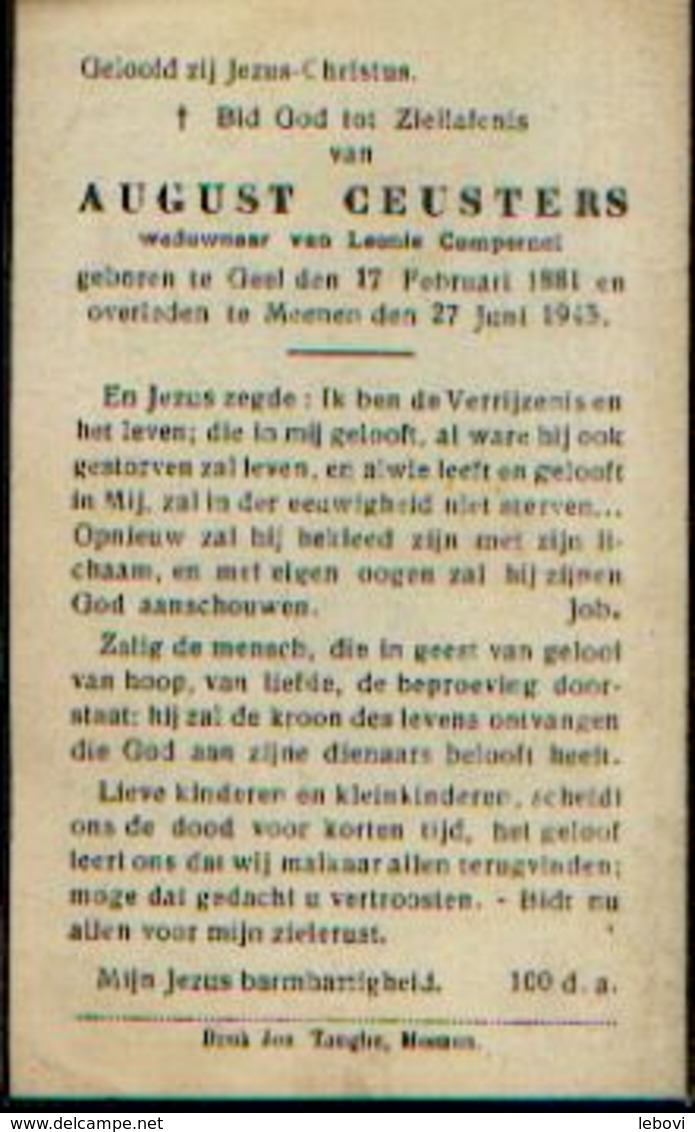 Souvenir Mortuaire CEUSTERS August (1881-1945) Geboren Te GEEL Overleden Te MEENEN - Images Religieuses