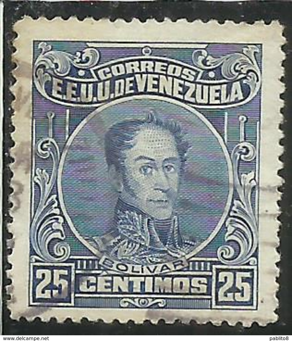 VENEZUELA 1914 - 1923 SIMON BOLIVAR CENT. 25c USED USATO OBLITERE' - Venezuela