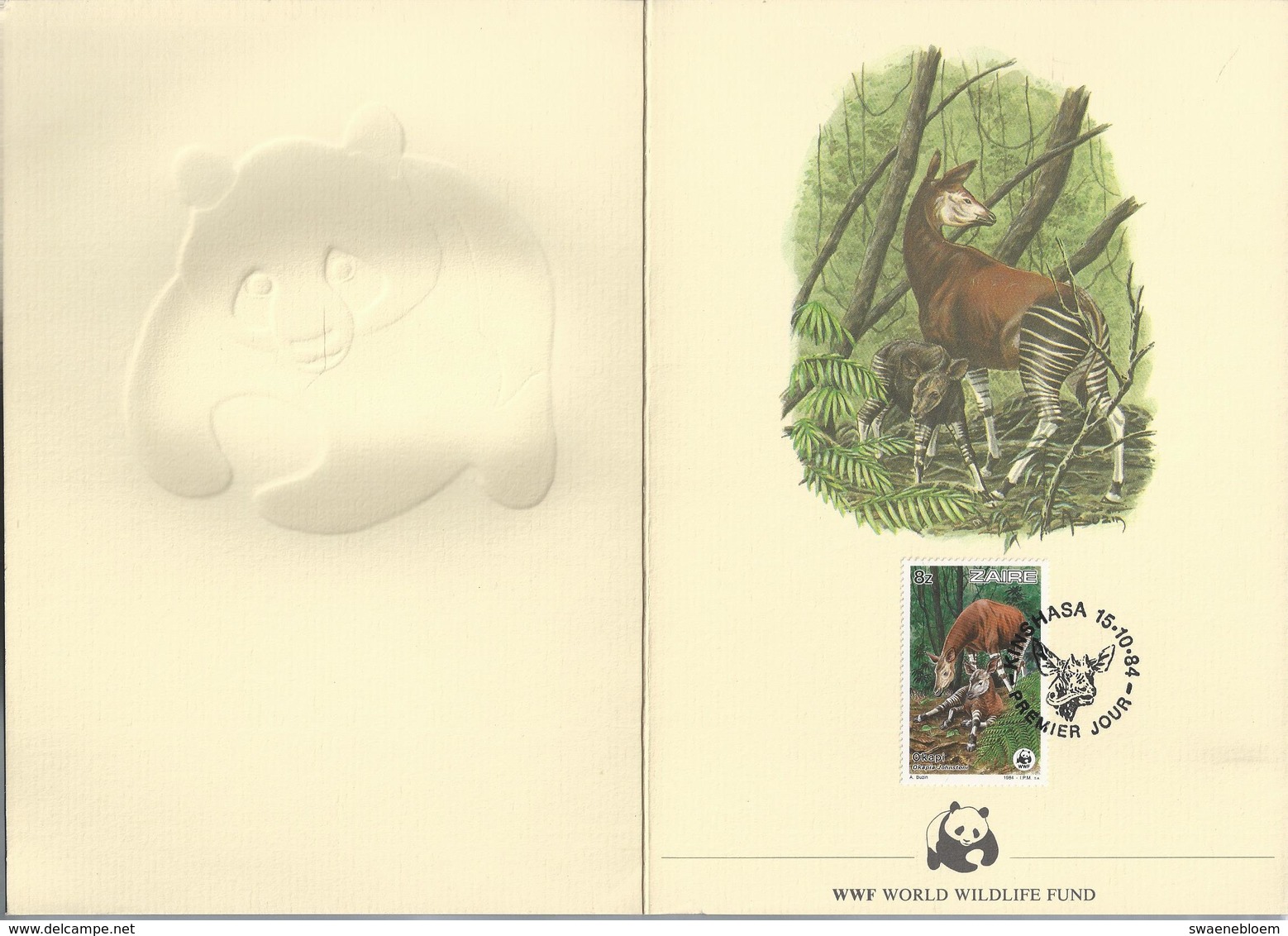 PZ.- WWF. WORLD WILDLIFE FUND. ZAIRE. PREMIER JOUR KINSHASA 15-10-84. OKAPI. OKAPIA JOHNSTONI. A. BUZIN. Nr 3/1985. - Covers & Documents