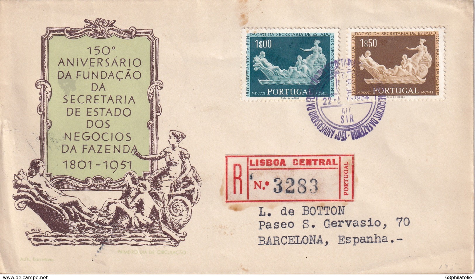 PORTUGAL 1954 FDC RECOMMANDE DE LISBONNE AVEC CACHET ARRIVEE BARCELONE - FDC