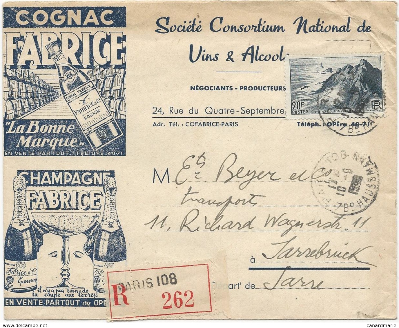 ENVELOPPE RECOMMANDEE ILLUSTREE - COGNAC ET CHAMPAGNE FABRICE - 1948 A DESTINATION DE LA SARRE - 1921-1960: Modern Period