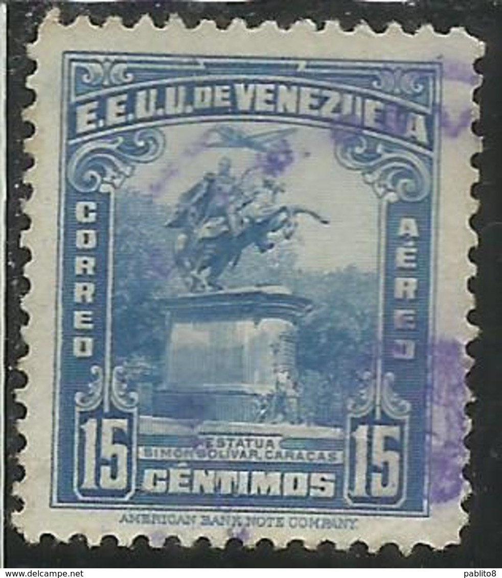 VENEZUELA 1940 1944 AIR MAIL POSTA AEREA AEREO SIMON BOLIVAR STATUE 1943 CENT. 15c USED USATO OBLITERE' - Venezuela