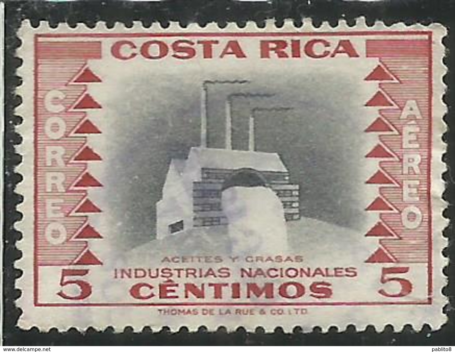 COSTA RICA 1954 AIR MAIL POSTA AEREA AEREO INDUSTRIES INDUSTRIAS NACIONALES REFINERY CENT 5c USATO USED OBLITERE' - Costa Rica