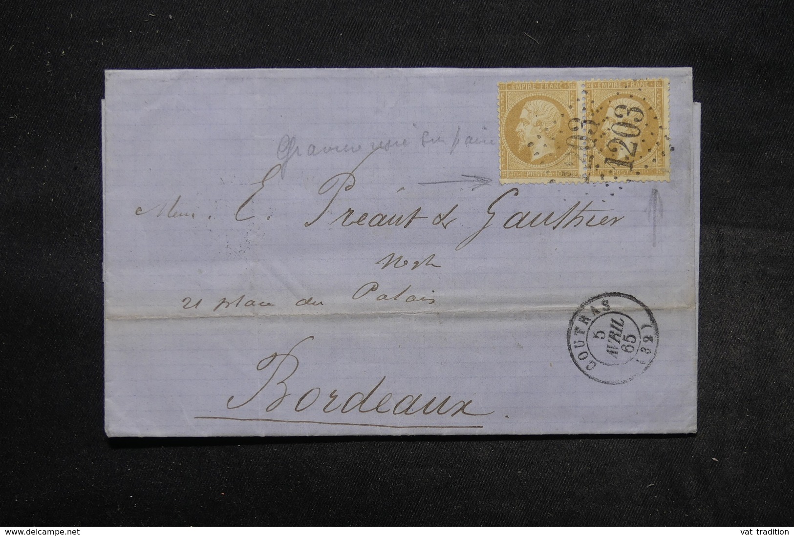 FRANCE -  Lettre De Coutras Pour Bordeaux En 1865 , Affranchissement Napoléon  En Paire , Variétés  -  L 27701 - 1849-1876: Période Classique