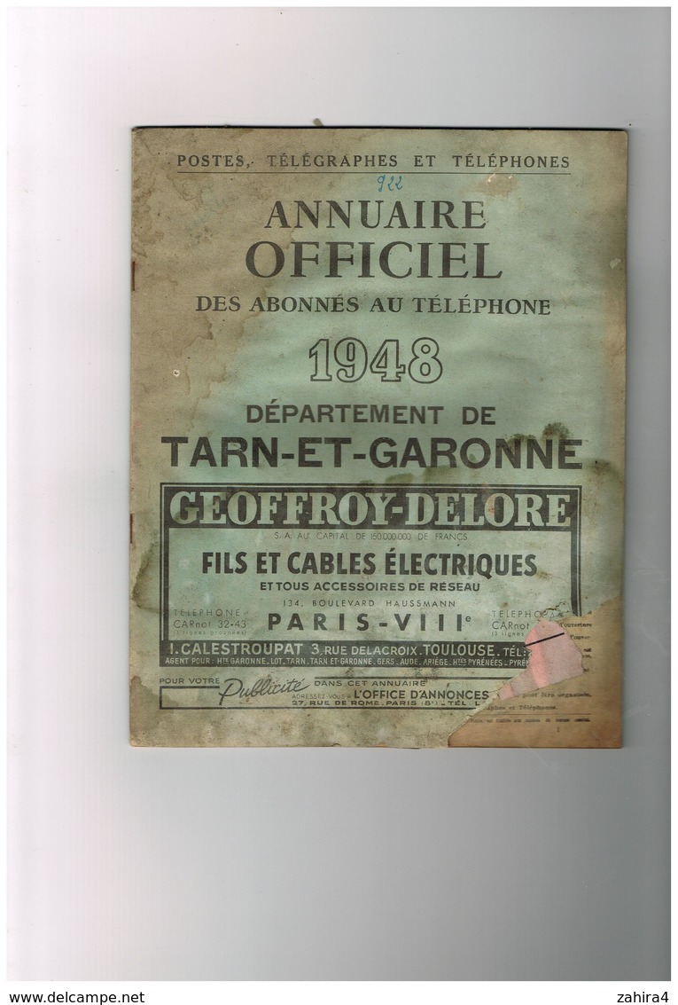 Postes Télégraphes & Téléphones Annuaire Officiel Abonnés Au Téléphone 1948 Département De Tarn & Garonne - En L'état - Telefonbücher