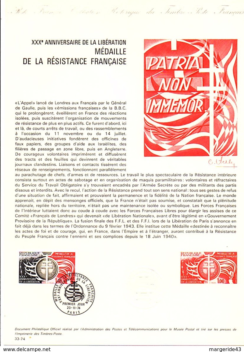 DOCUMENT FDC 1974 MEDAILLE DE LA RESISTANCE FRANCAISE - Documents De La Poste