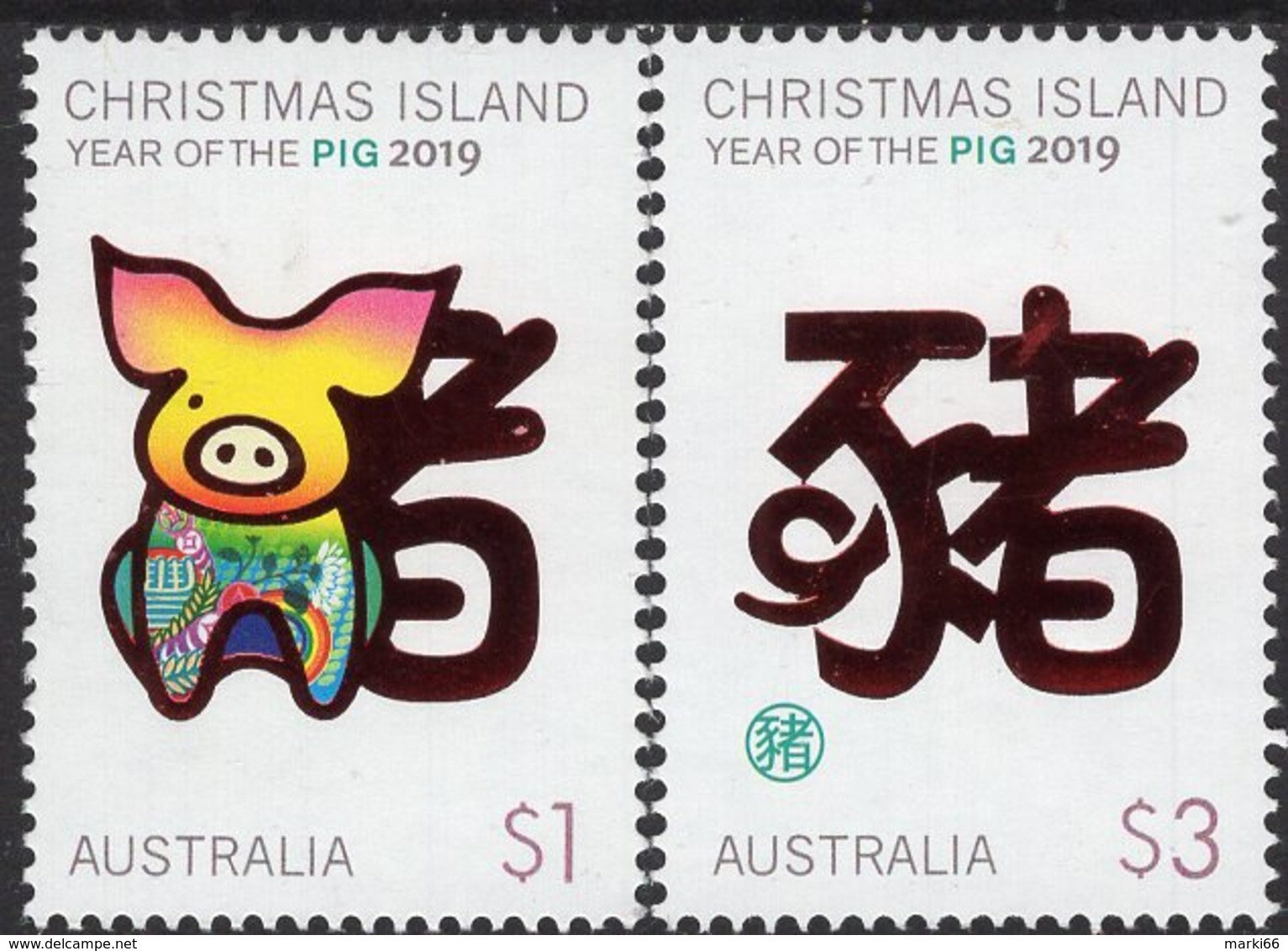 Christmas Island - 2019 - Year Of The Pig - Mint Stamp Set With Hot Foil Intaglio Imprint - Christmas Island