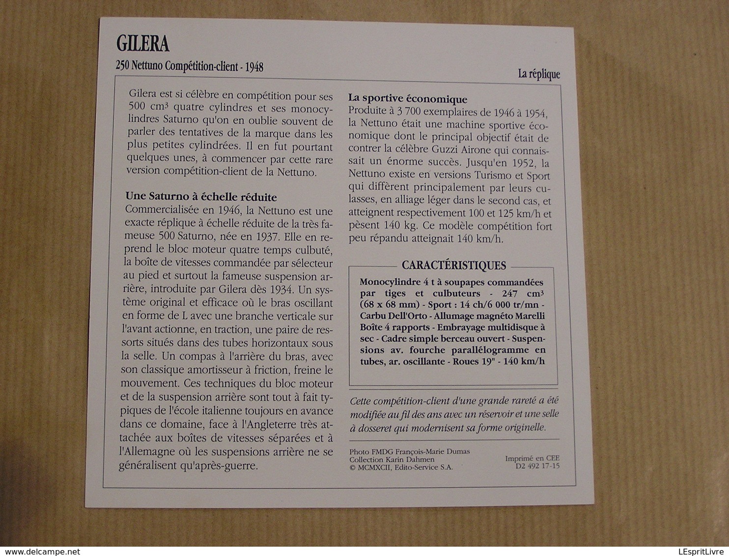 GILERA 250 Nettuno Compétition Italie Italia 1948 Moto Fiche Descriptive Motocyclette Motos Motorcycle Motocyclette - Sonstige & Ohne Zuordnung