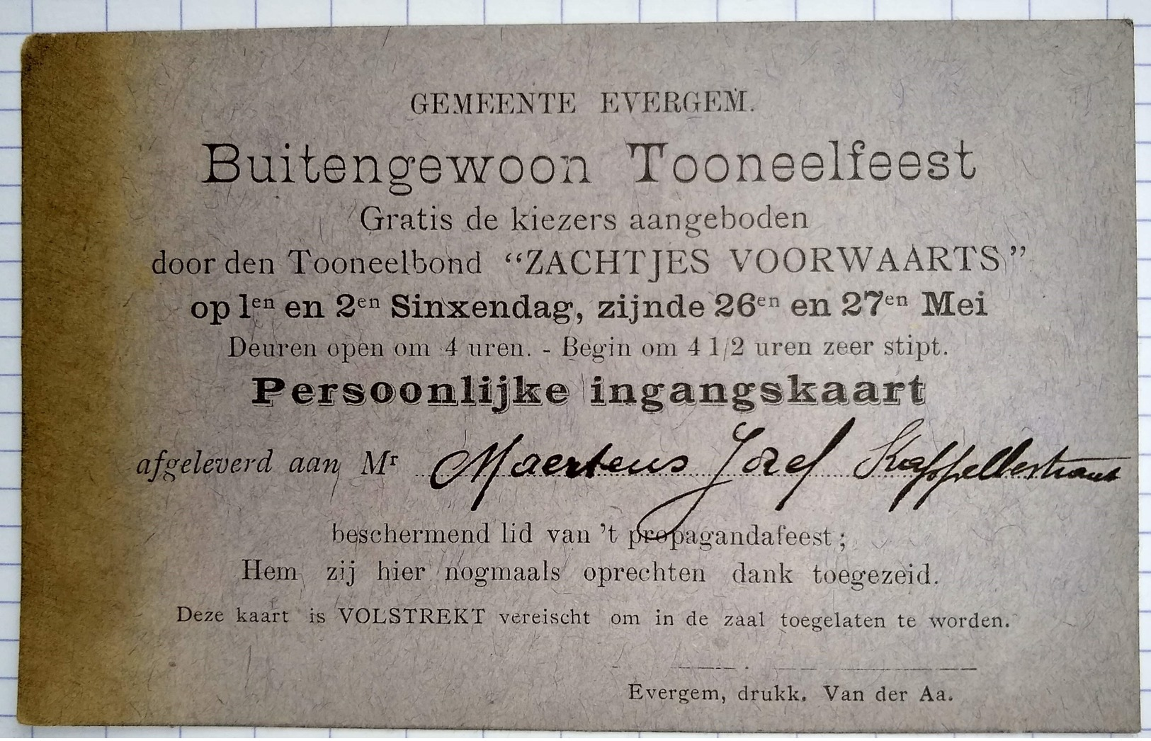 1912 Ingangskaart Tooneelbond Zachtjes Voorwaarts Evergem Gent - Tickets D'entrée