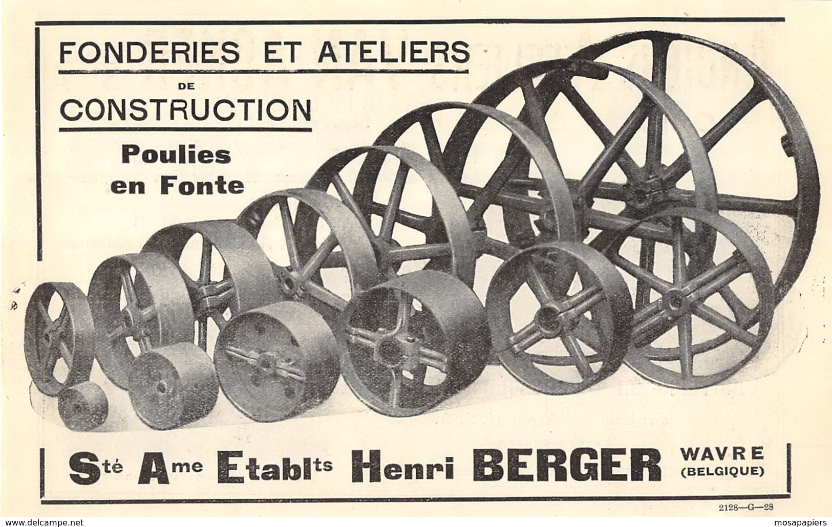 1928 - WAVRE - Fonderie Et Ateliers De Constructions - Ets Henri Berger - Dim. 1/2 A4 - Publicités