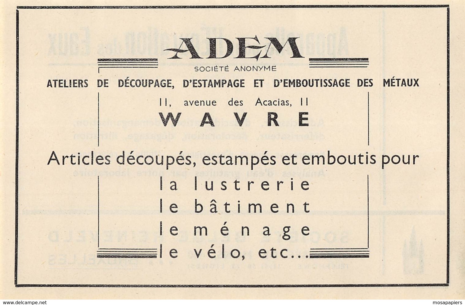 1947 - WAVRE - Ateliers D'Estampage, Emboutissage ADEM - Dim. 1/2 A4 - Reclame