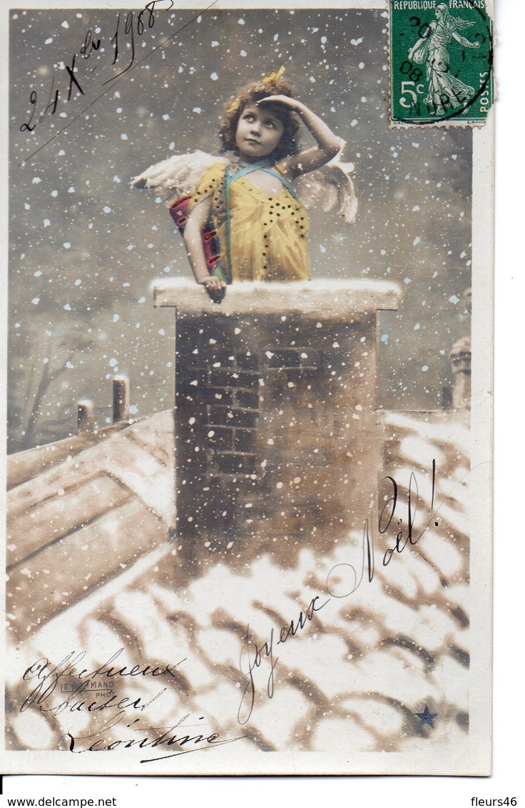 Photo Véritable / DESSIN : Ange Sortant D'une Cheminée .  Neige  . Carte COLORISEE - Angeli