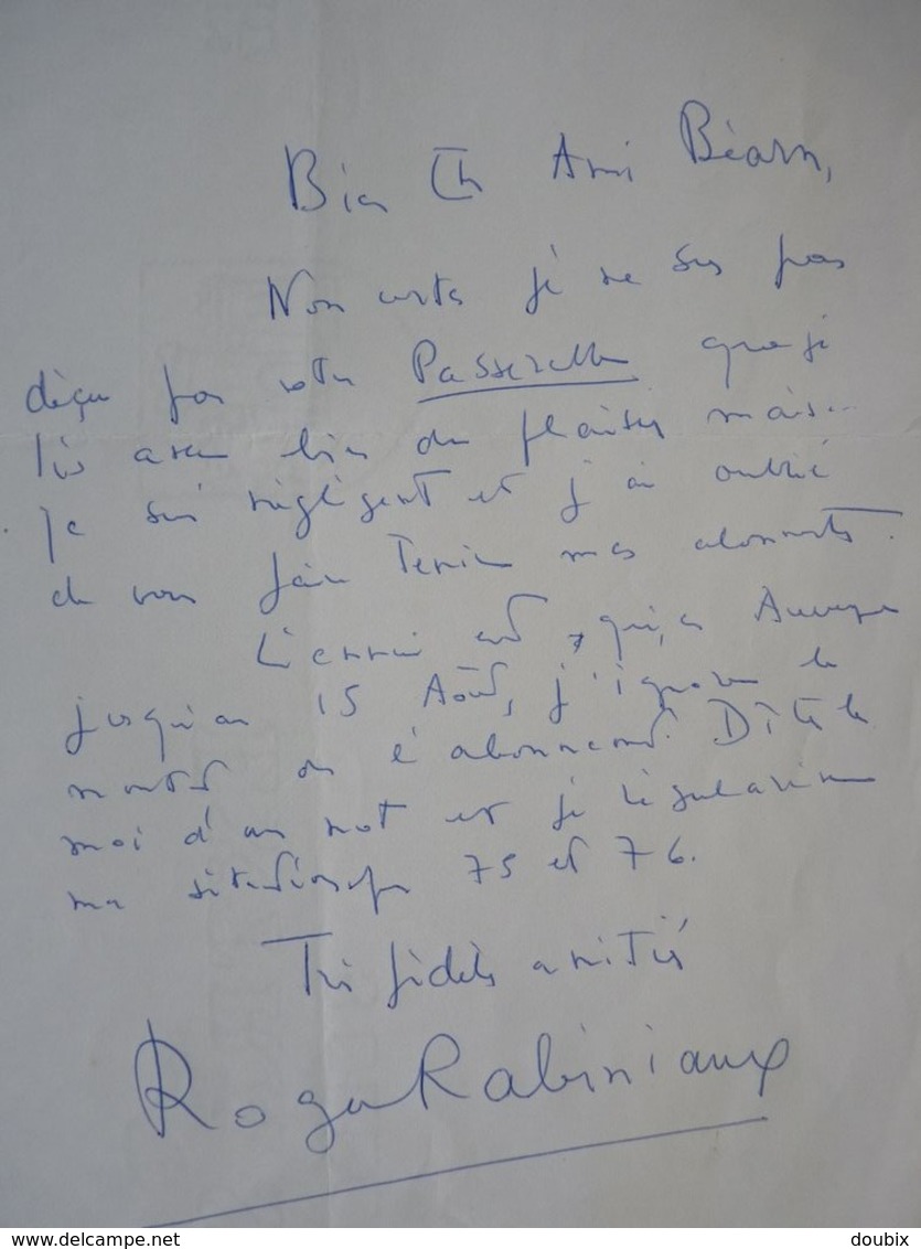 Roger RABINIAUX (1914-1986) Poète & Ecrivain. Résistant. Académie Humour. AUTOGRAPHE à PIerre Béarn. - Autres & Non Classés