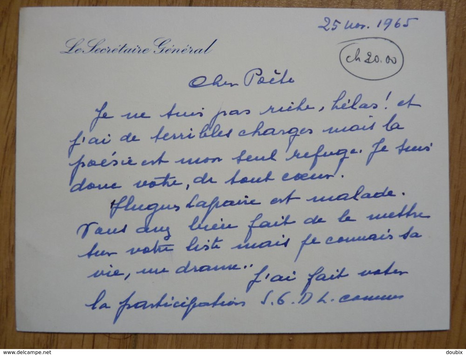 Yvonne Debeauvais Dit GEORGE DAY (1893-1971) Poétesse. Maison Poésie. Académie Ronsard. 2 X AUTOGRAPHE à Pierre Béarn - Autres & Non Classés